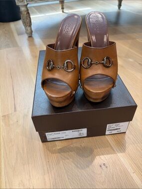 Gucci Tan Leather Horsebit Platform Mules